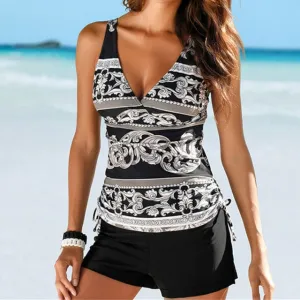 2020 Two Piece Swimwear Women Plus Size Tankini Swimsuits with Shorts V neck Tankinis Set Swim Wear Black Print Bathing Suit 2XL