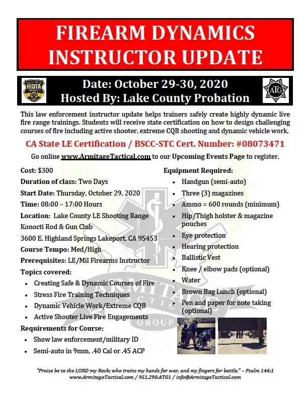 2020/10/29 - Firearm Dynamics Instructor Update for LE/Mil (2-Day) - Lakeport, CA