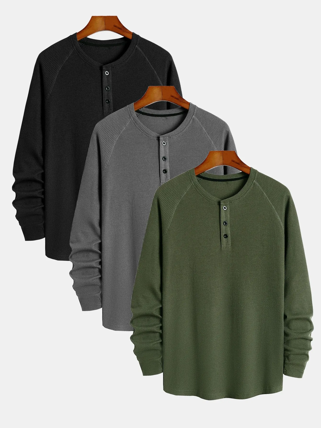 3 keping lengan lengan panjang Waffle Henley Shirt