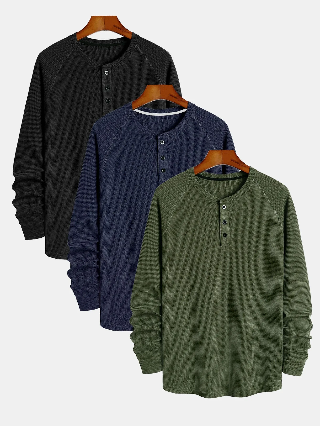 3 keping lengan lengan panjang Waffle Henley Shirt