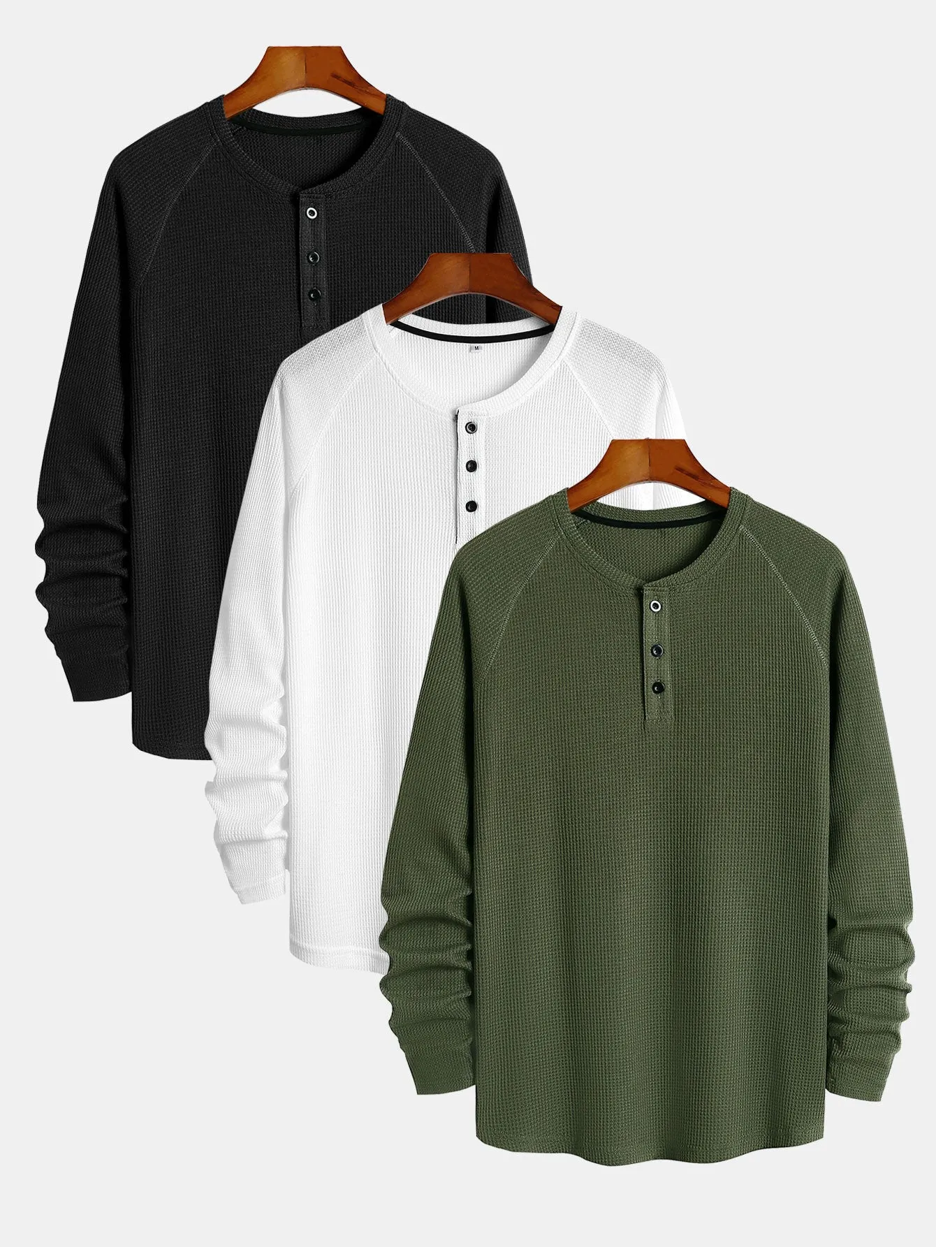3 keping lengan lengan panjang Waffle Henley Shirt