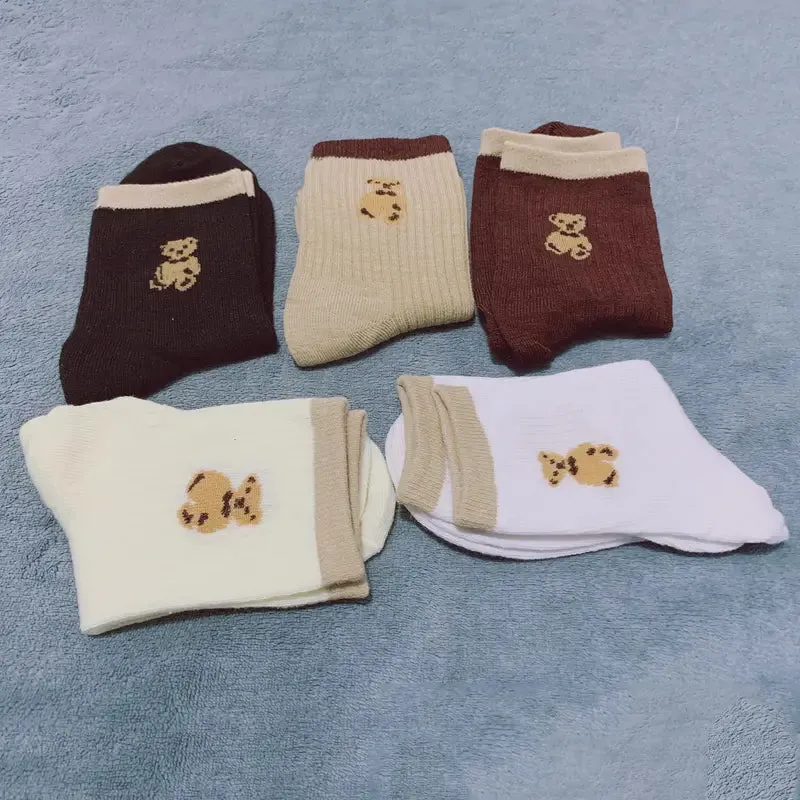 5-Pairs: Bear Embroidery Low Cut Ankle Socks