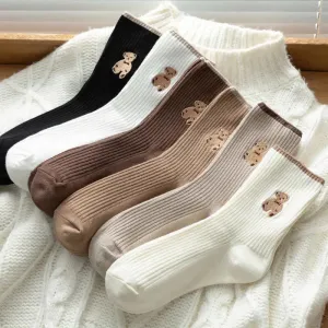 5-Pairs: Bear Embroidery Low Cut Ankle Socks