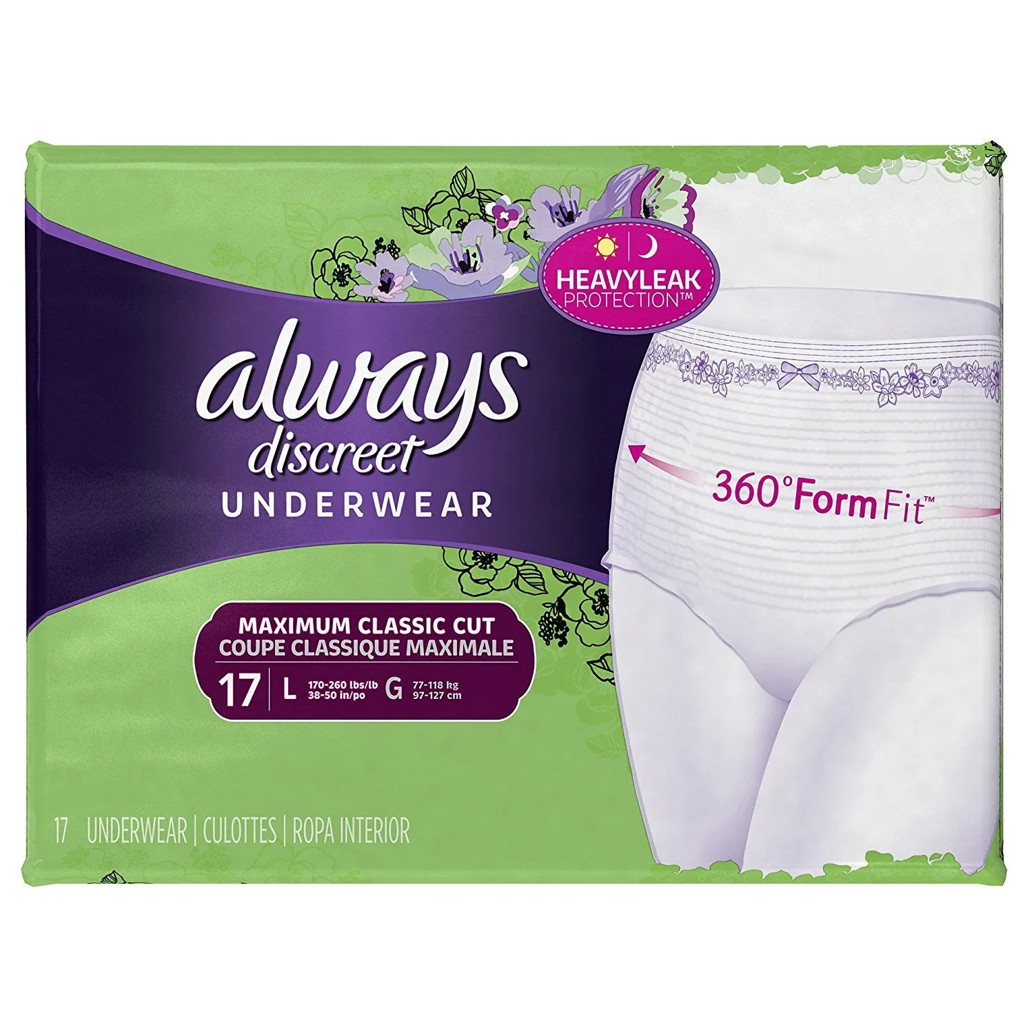 Always Discreet, Incontinence Underwear, Maximum Classic Cut, Large, 17 Count