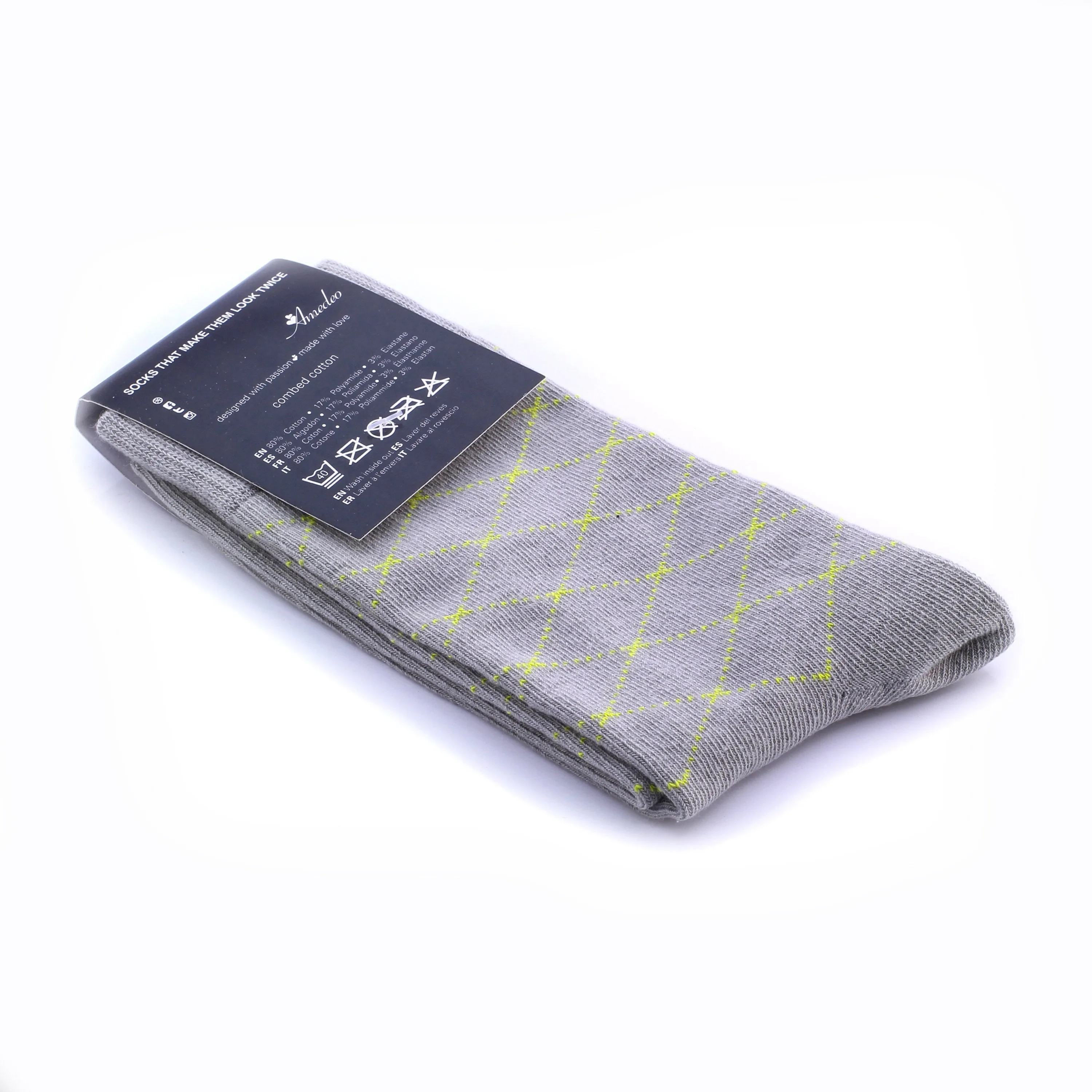 Amedeo Grey Light Yellow Lines Soft Socks For Men