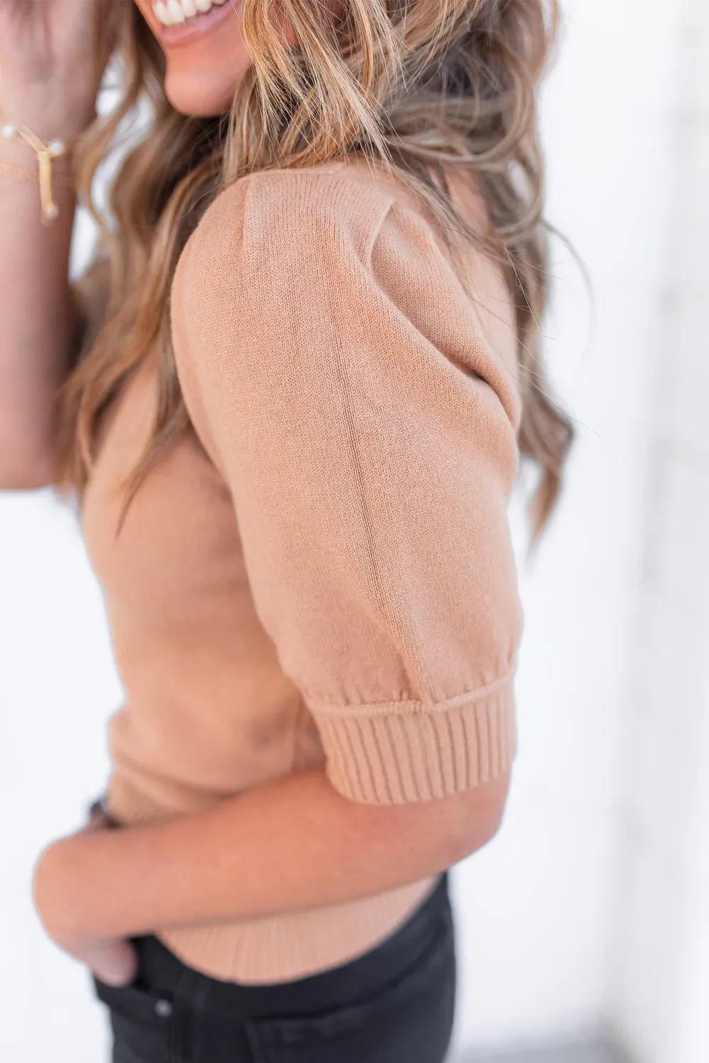 Apricot Pink Solid Ribbed Trim Short Sleeve Knit Top