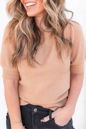 Apricot Pink Solid Ribbed Trim Short Sleeve Knit Top