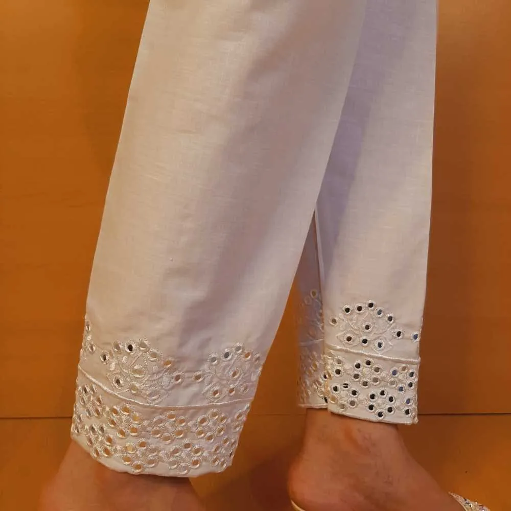 Artificial Mirror Work Embroided Cotton Trouser - White - ZT495