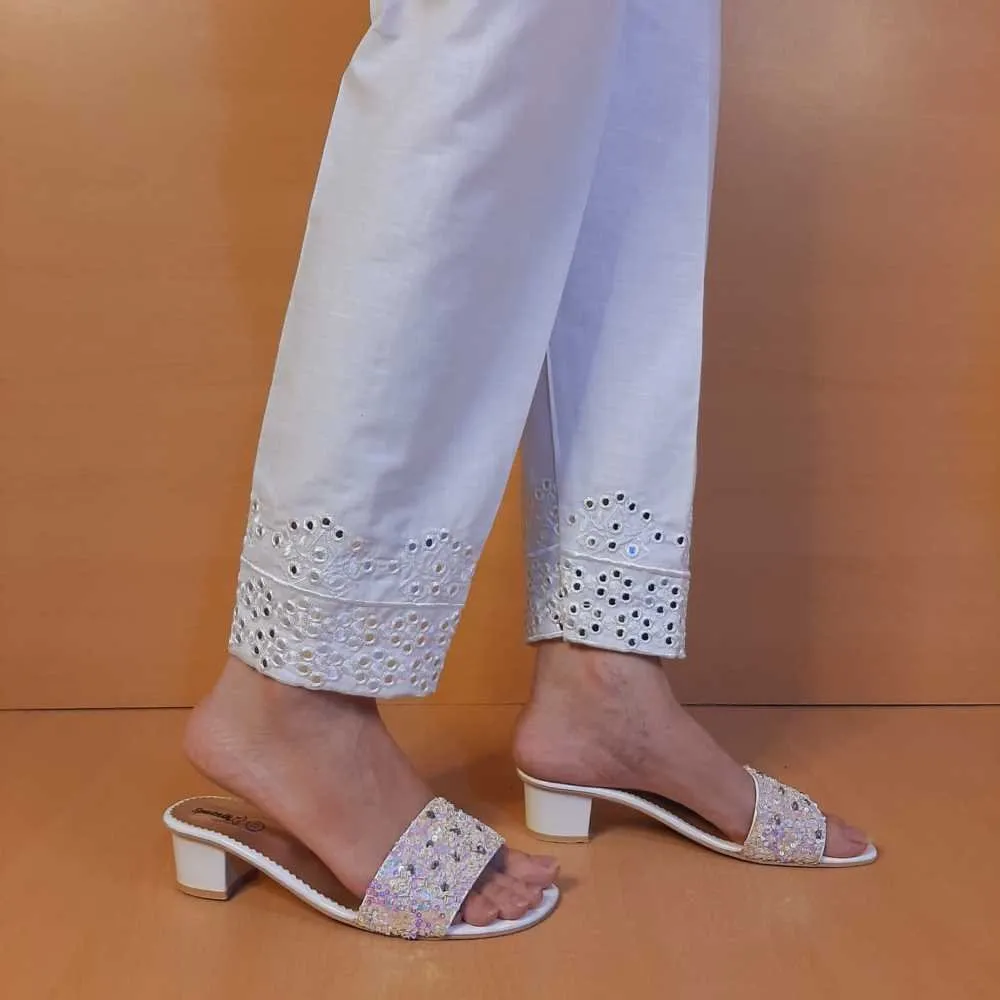 Artificial Mirror Work Embroided Cotton Trouser - White - ZT495