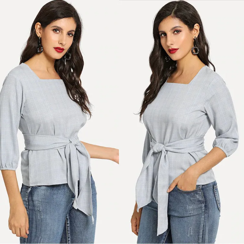 Autumn New Cropped Sleeves Women's Shirt Plaid with Belt Tops Blouse T-shirt