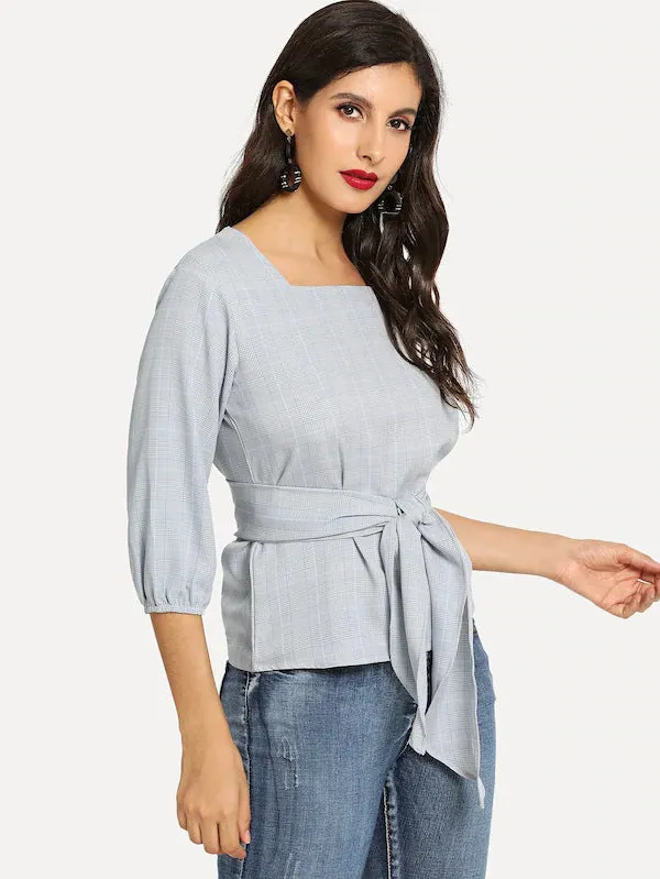 Autumn New Cropped Sleeves Women's Shirt Plaid with Belt Tops Blouse T-shirt