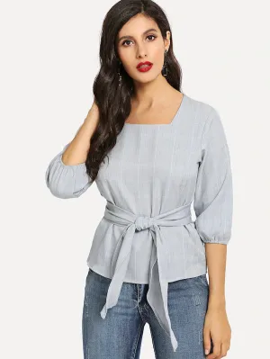 Autumn New Cropped Sleeves Women's Shirt Plaid with Belt Tops Blouse T-shirt