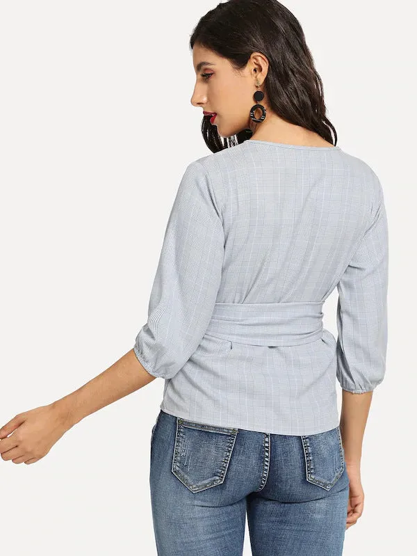 Autumn New Cropped Sleeves Women's Shirt Plaid with Belt Tops Blouse T-shirt