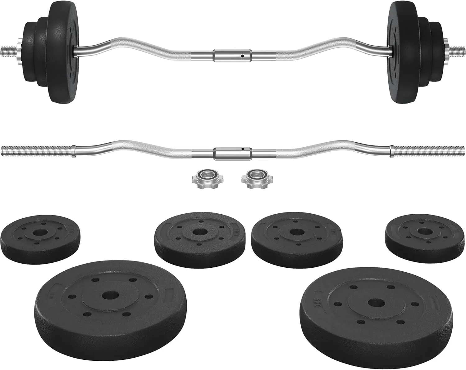 Barbell Weight Set - Olympic Curl Bar & 6 Olympic Weights & 2 Olympic Barbell Clamps for Lifts 44LB/55LB/66LB