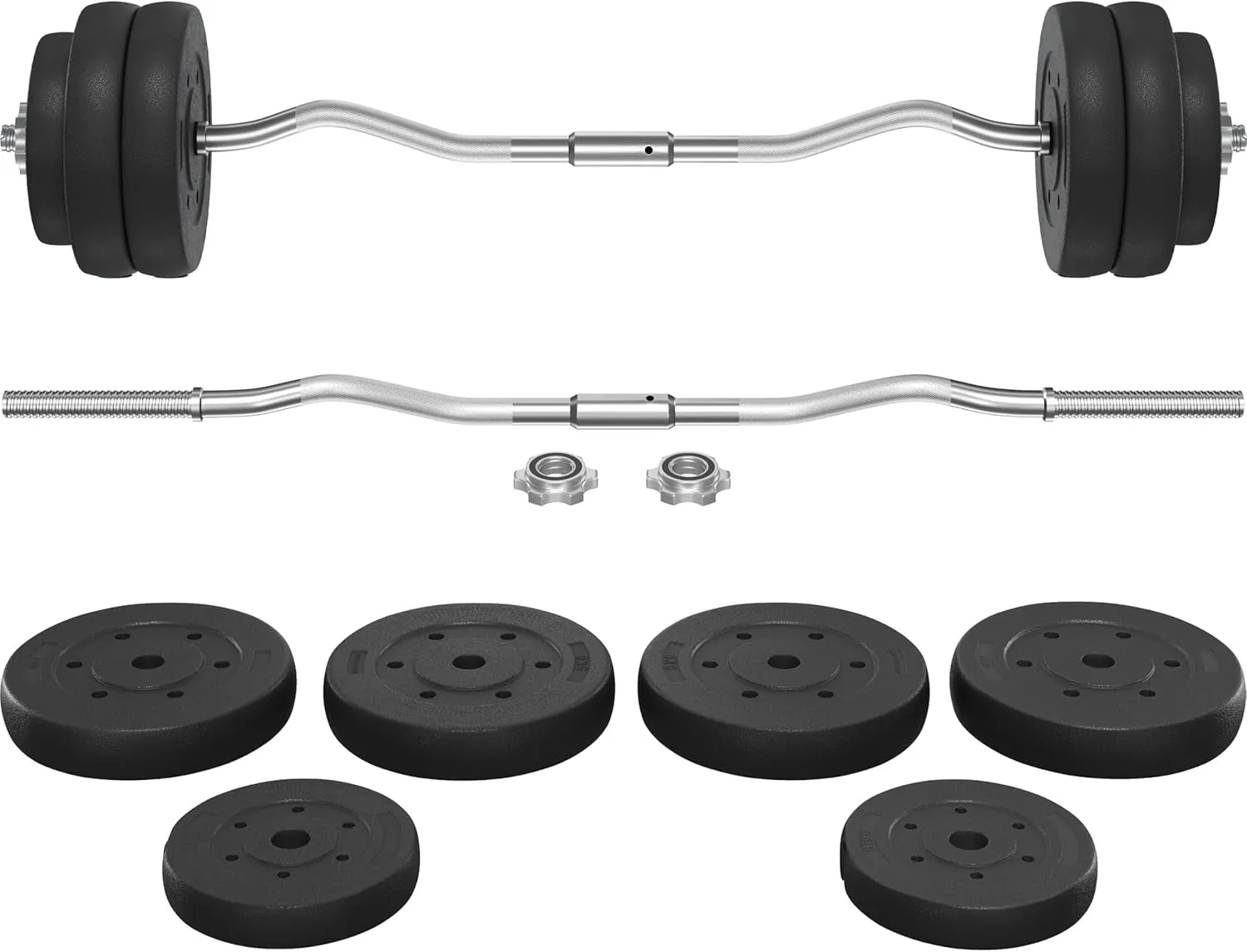 Barbell Weight Set - Olympic Curl Bar & 6 Olympic Weights & 2 Olympic Barbell Clamps for Lifts 44LB/55LB/66LB
