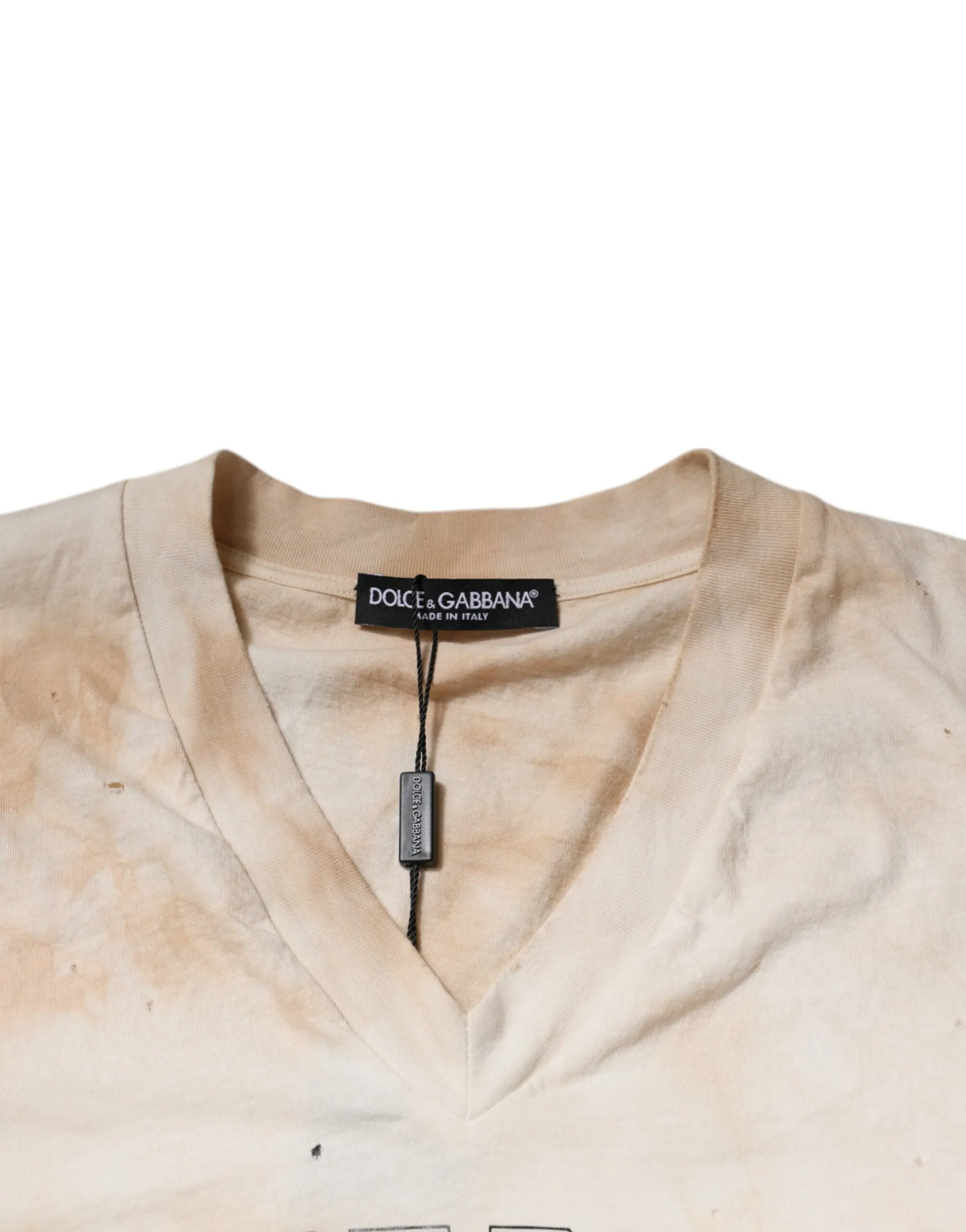 Beige Graphic Print Cotton V-neck T-shirt