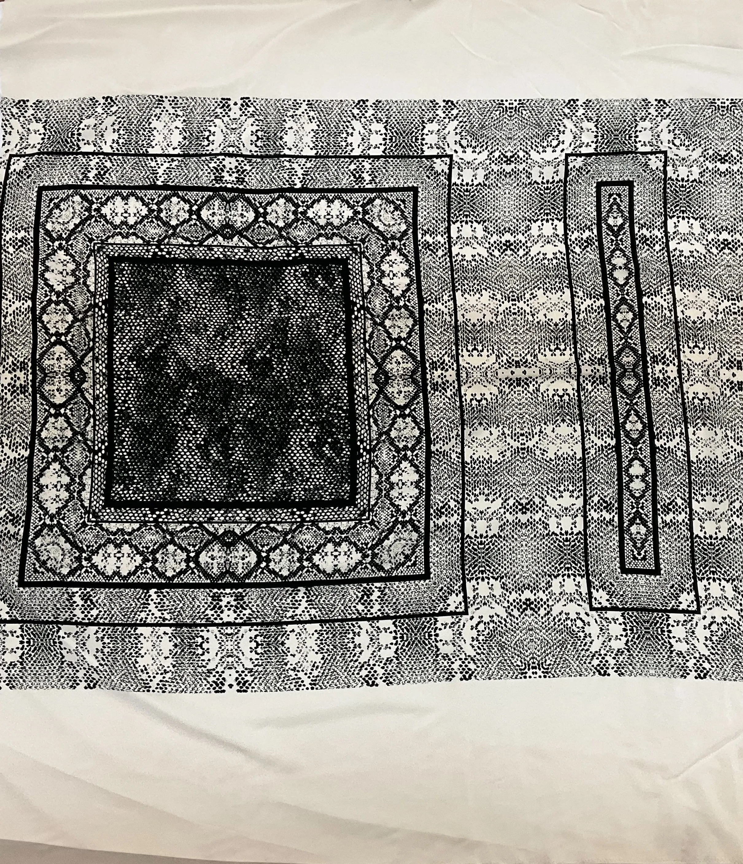 Black-Gray-Ivory Snake Frame Panel Printed Silk Crepe De Chine Fabric