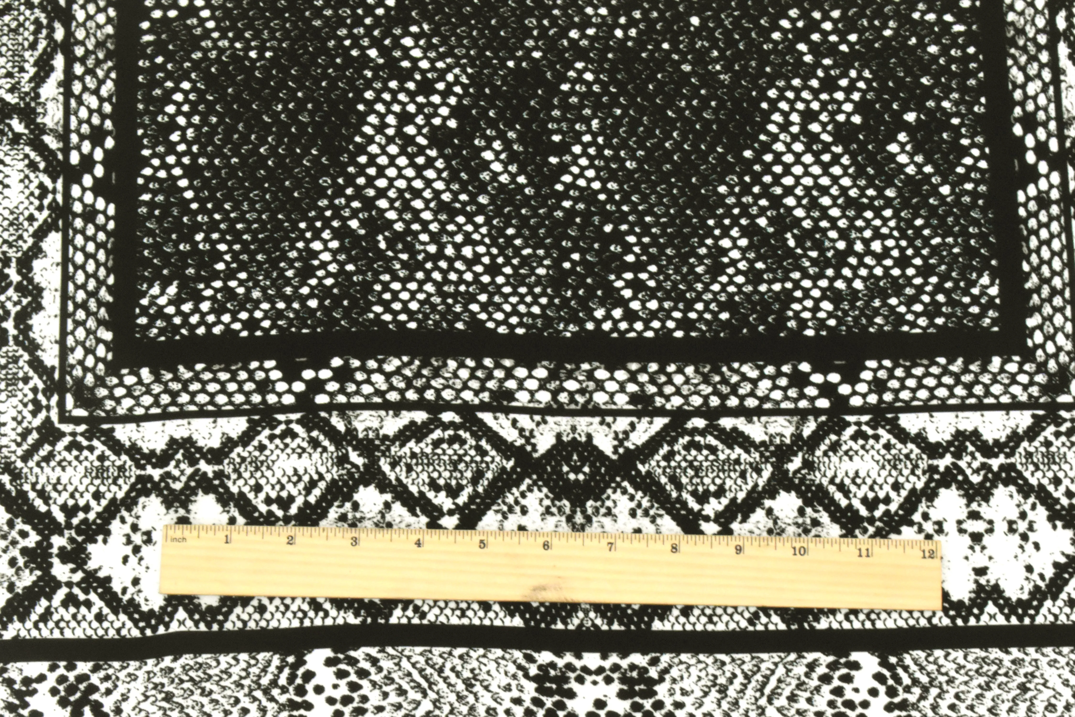 Black-Gray-Ivory Snake Frame Panel Printed Silk Crepe De Chine Fabric