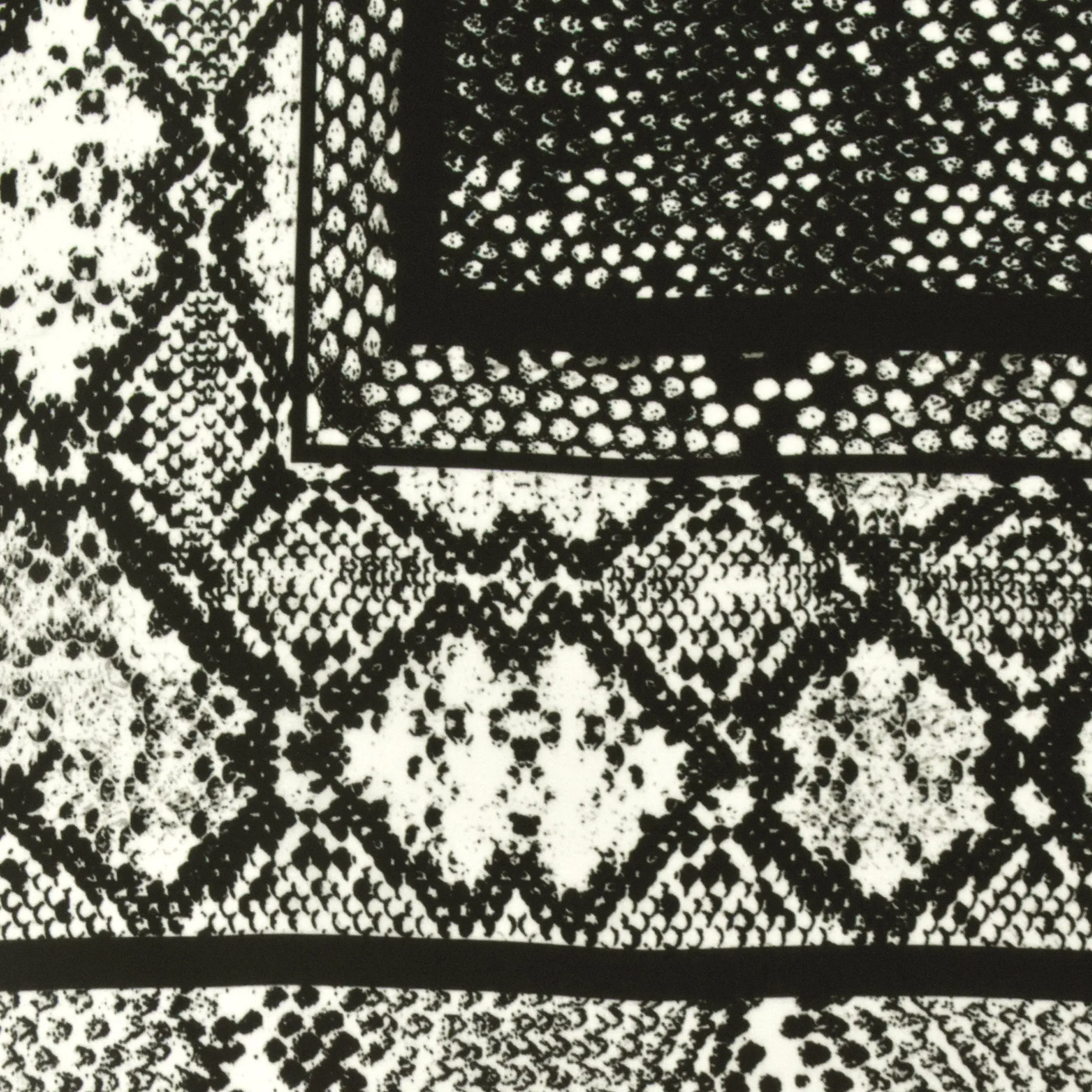 Black-Gray-Ivory Snake Frame Panel Printed Silk Crepe De Chine Fabric