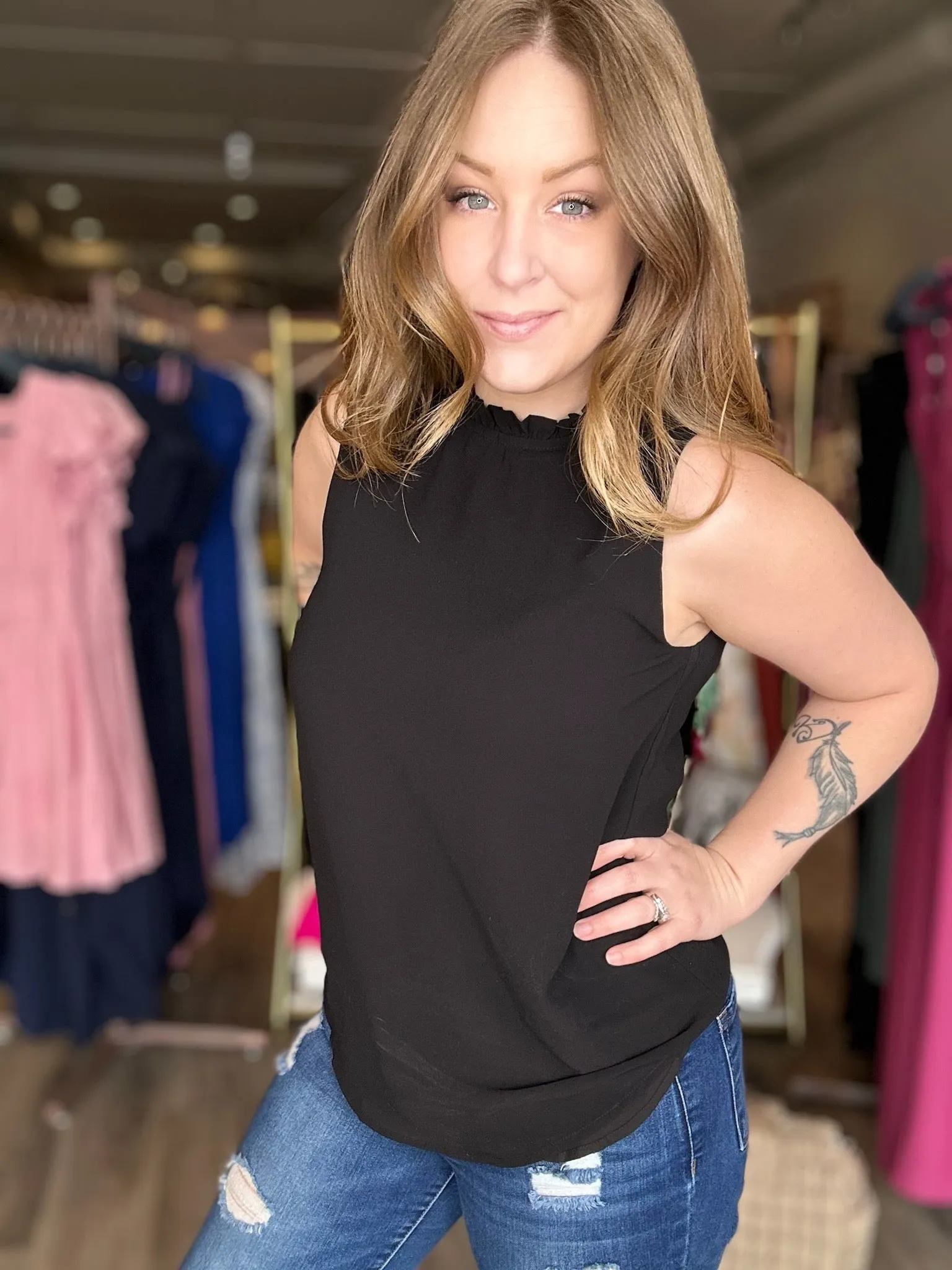 Black Ruffle Mock Neck Blouse