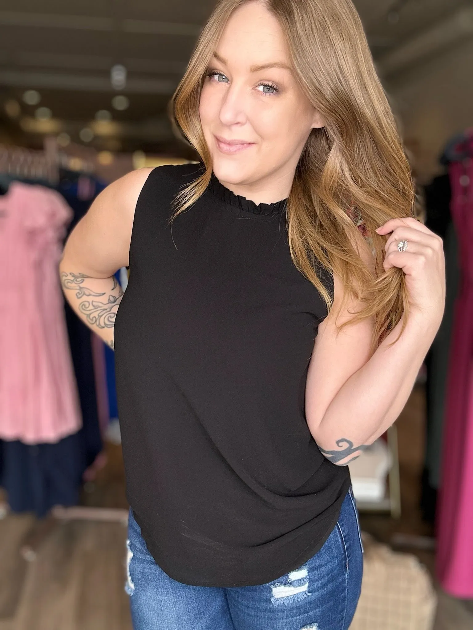 Black Ruffle Mock Neck Blouse