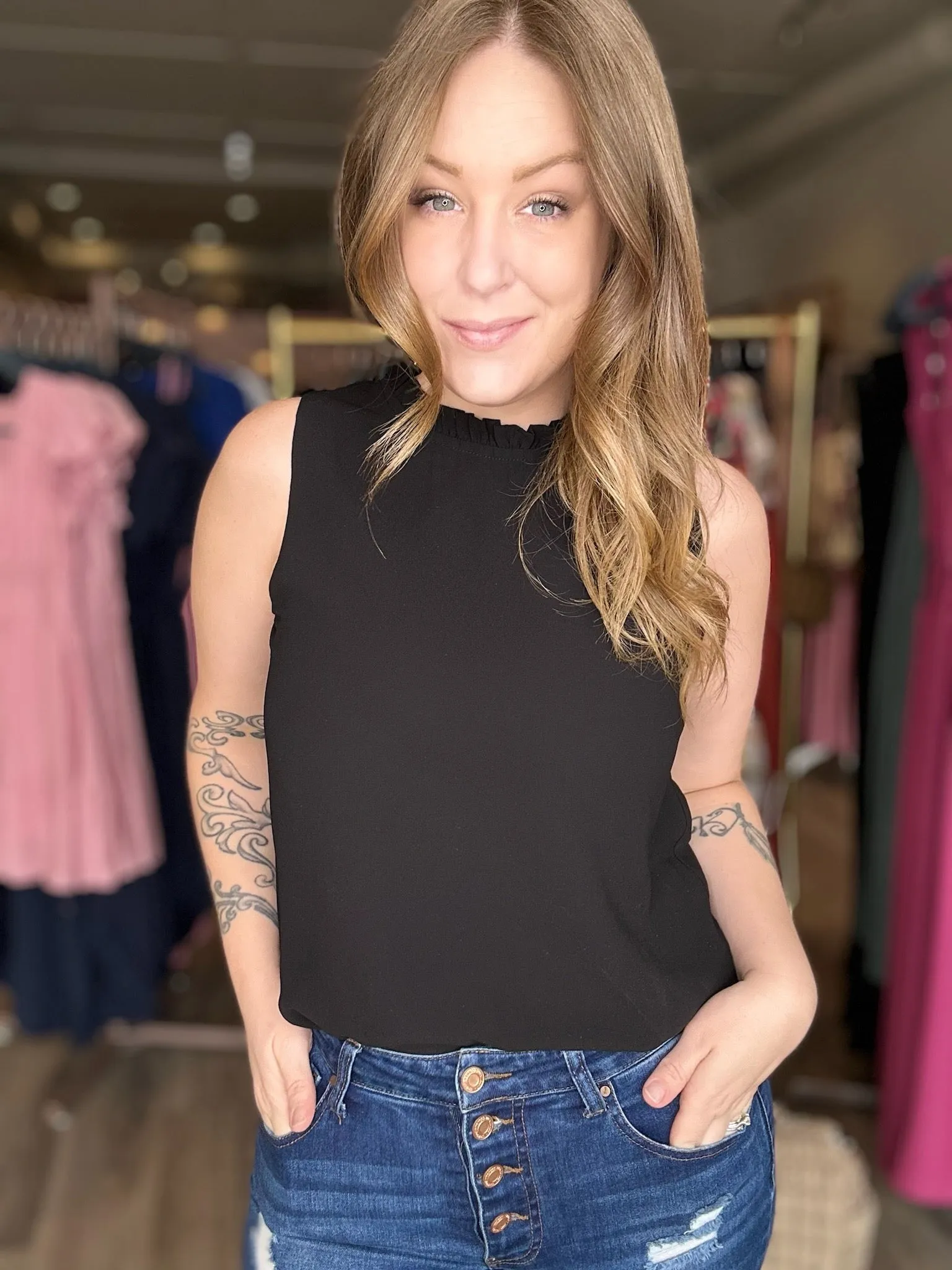 Black Ruffle Mock Neck Blouse