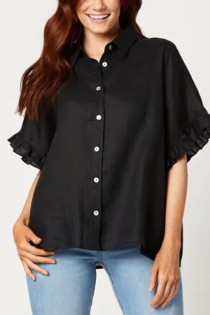 Black Shirt With Frilled Hem Sleeve