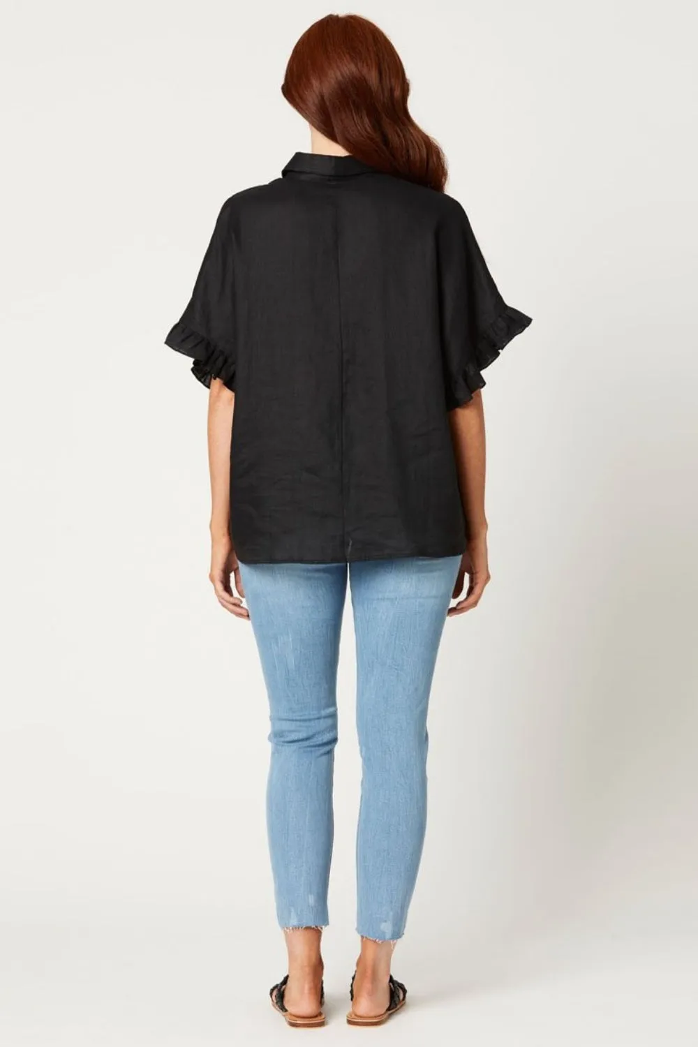 Black Shirt With Frilled Hem Sleeve