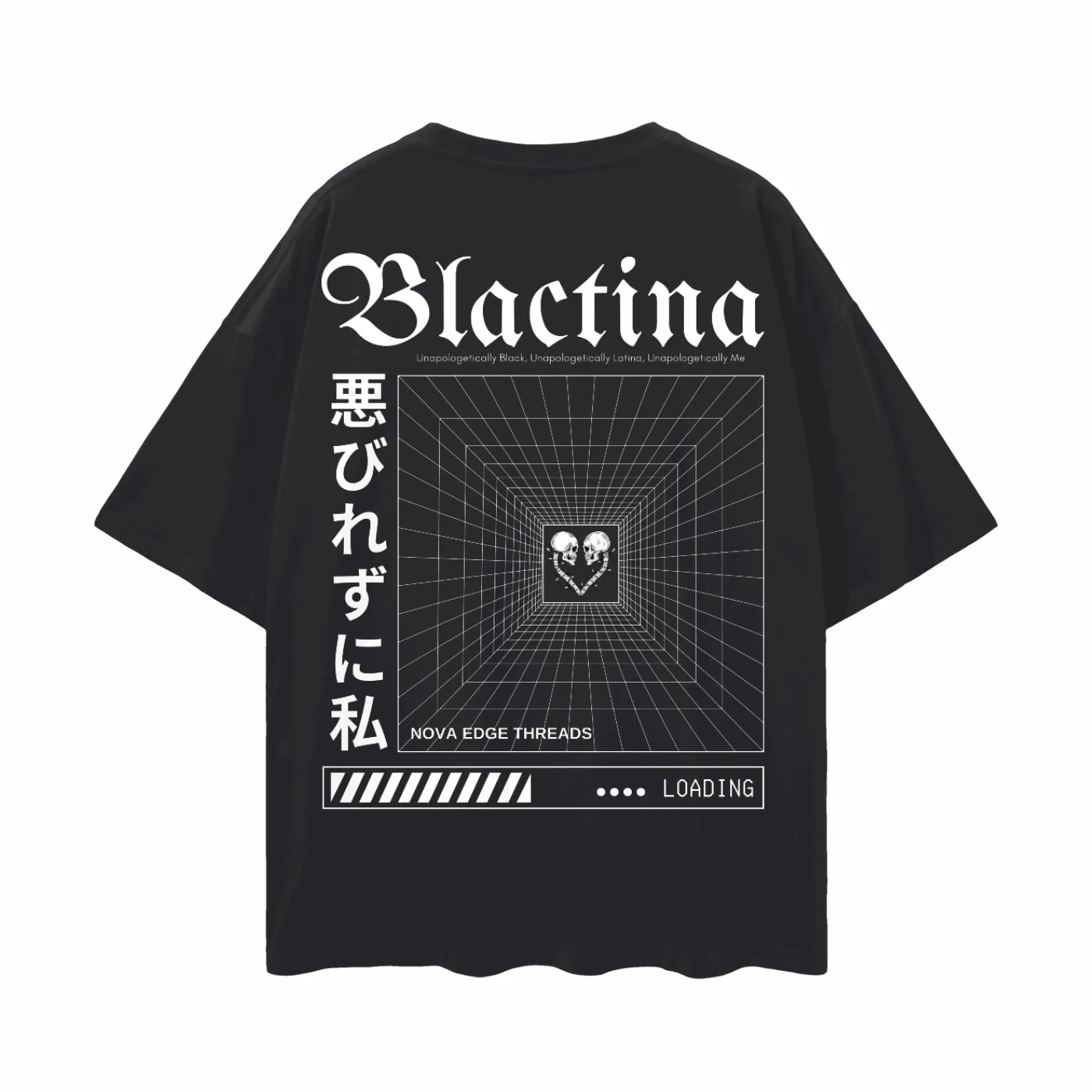 Blactina Graphic T-Shirt Black and Latina Pride on back of Black Oversize Deep Drop Shoulder Tee
