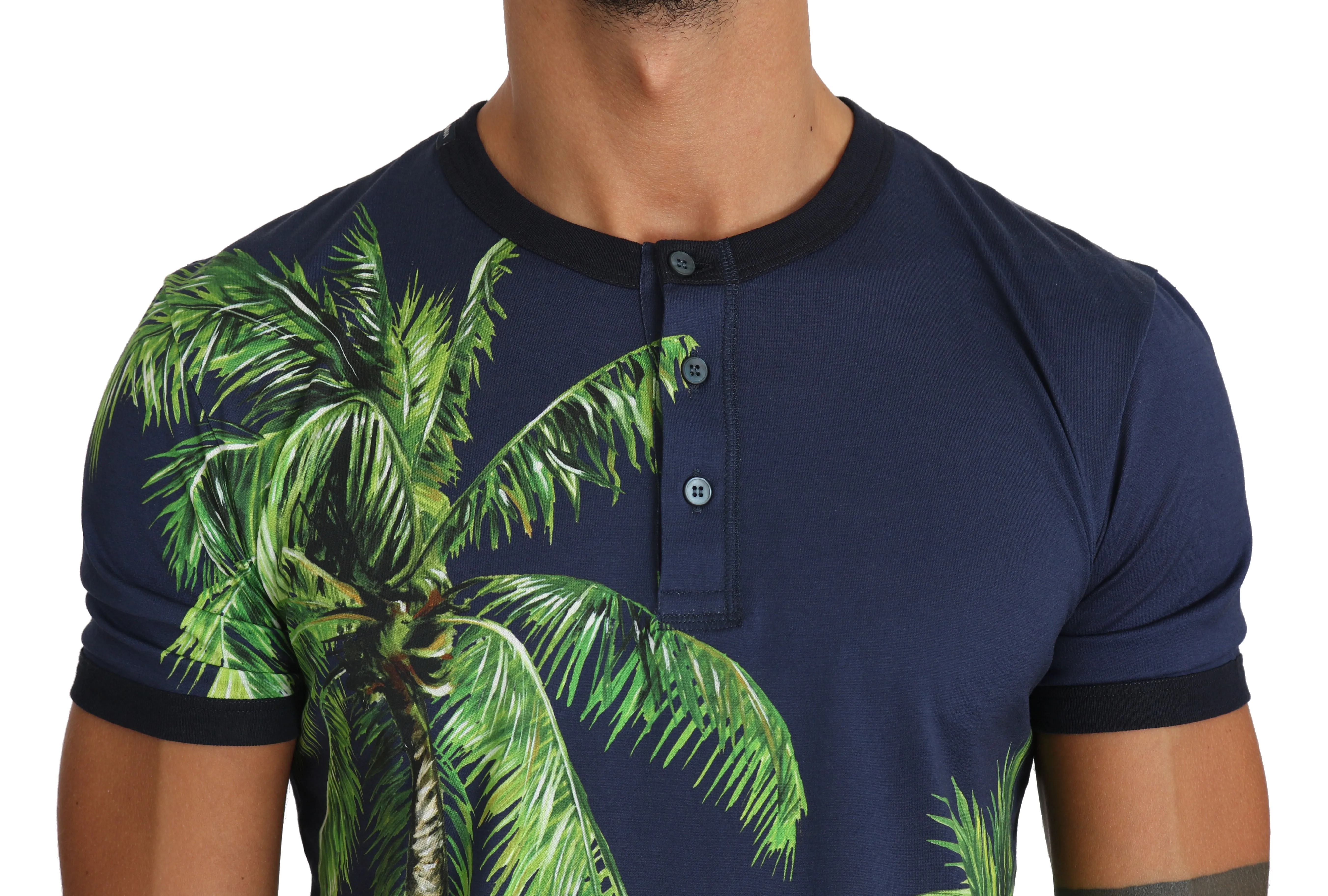 Blue Cotton Palm Print Henley T-shirt