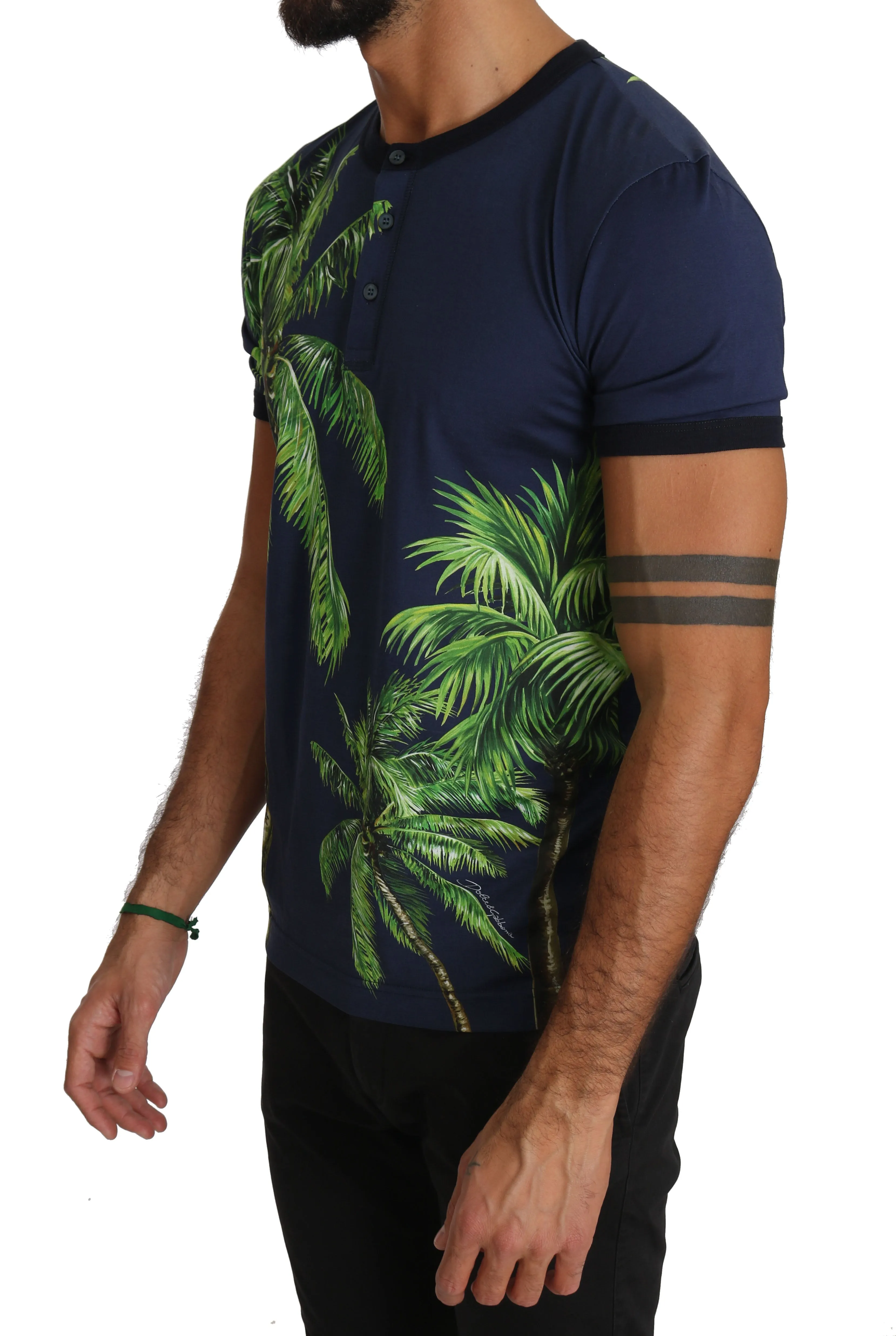 Blue Cotton Palm Print Henley T-shirt
