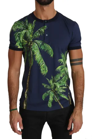 Blue Cotton Palm Print Henley T-shirt