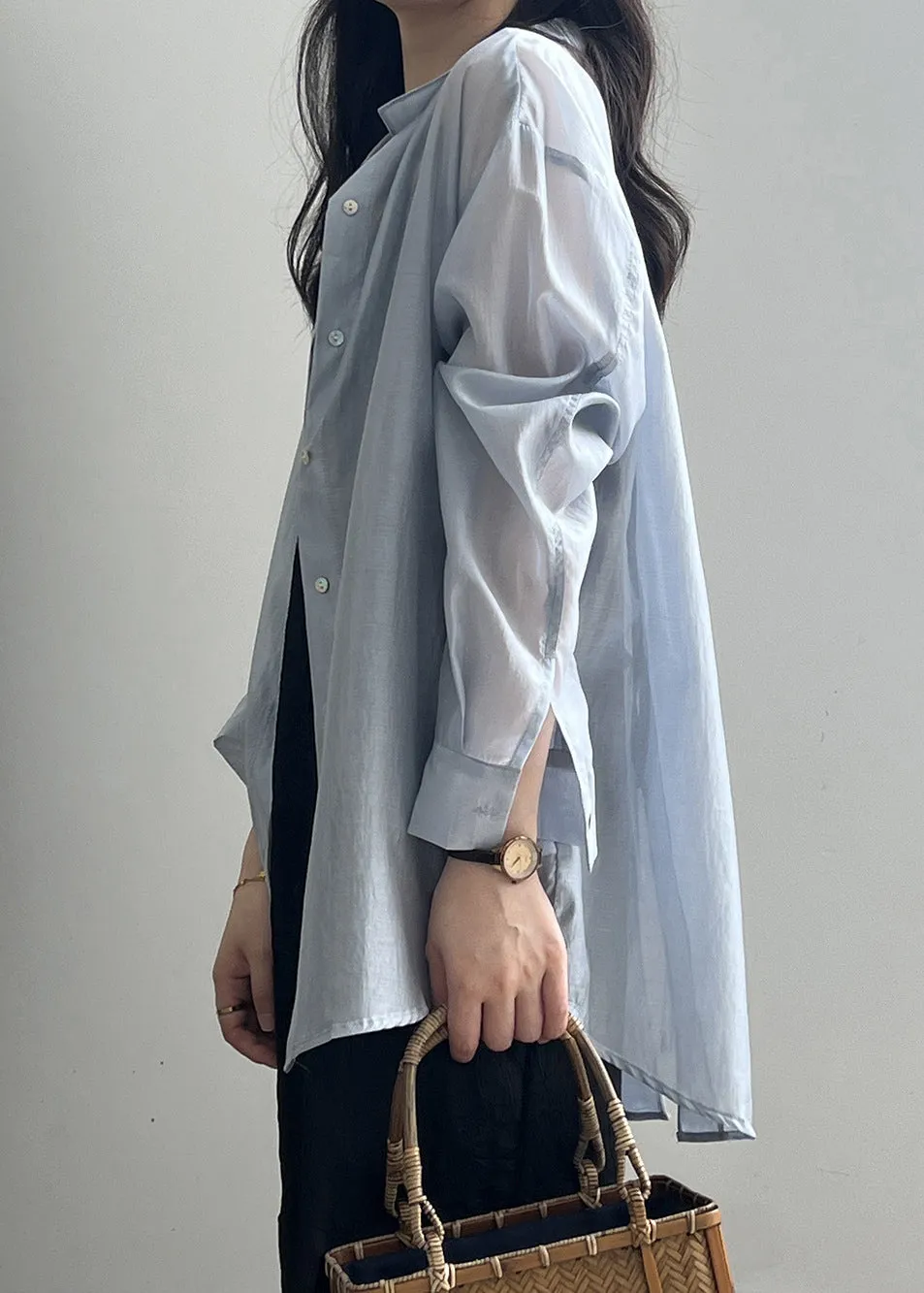 Blue Lace Up Side Open Silk Blouses Peter Pan Collar Spring