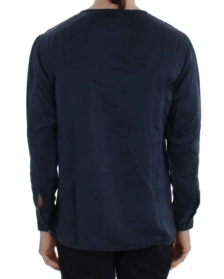 Blue Silk Henley Long Sleeve T-shirt