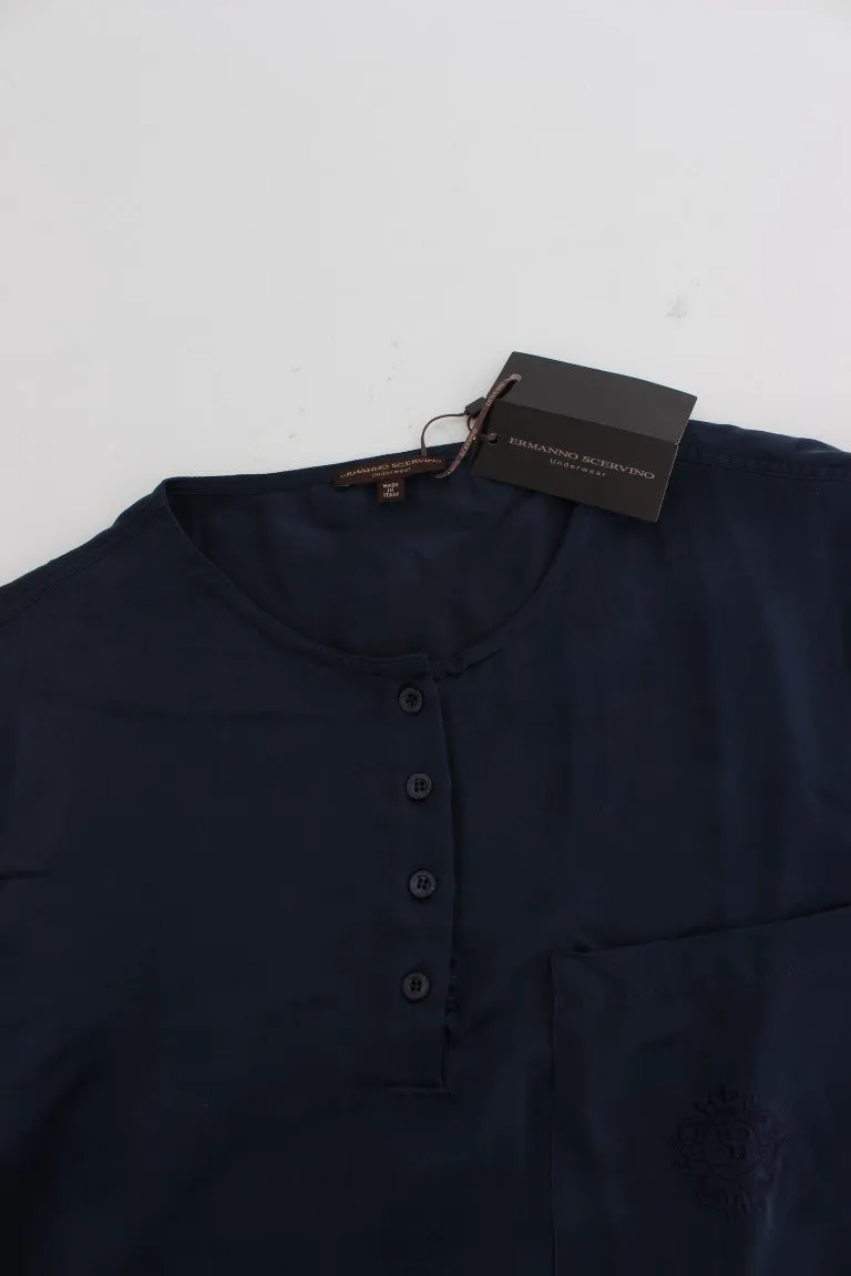 Blue Silk Henley Long Sleeve T-shirt