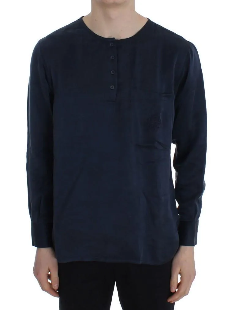 Blue Silk Henley Long Sleeve T-shirt