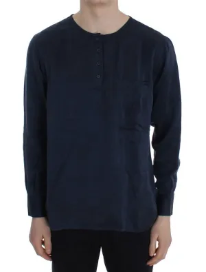 Blue Silk Henley Long Sleeve T-shirt