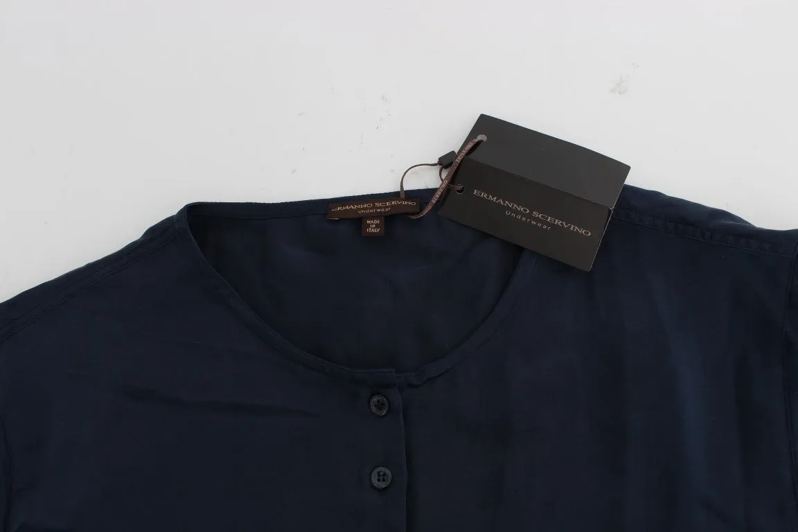 Blue Silk Henley Long Sleeve T-shirt