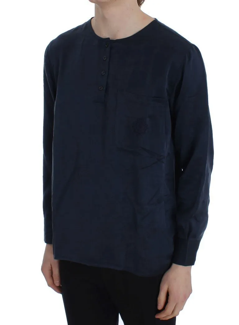 Blue Silk Henley Long Sleeve T-shirt