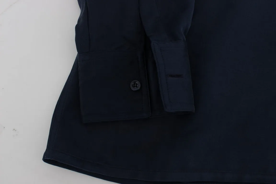 Blue Silk Henley Long Sleeve T-shirt