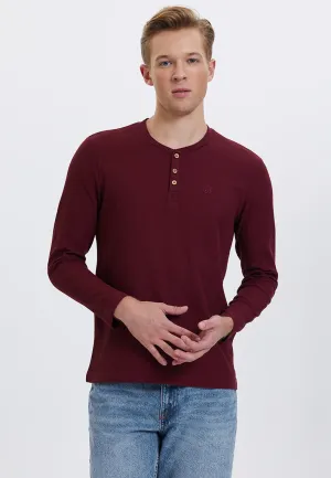 Bordo Henley Yaka Pamuklu Regular Fit Waffle Kumaş Uzun Kollu Erkek T-Shirt ESSENTIALS LONG SLEEVE HENLEY