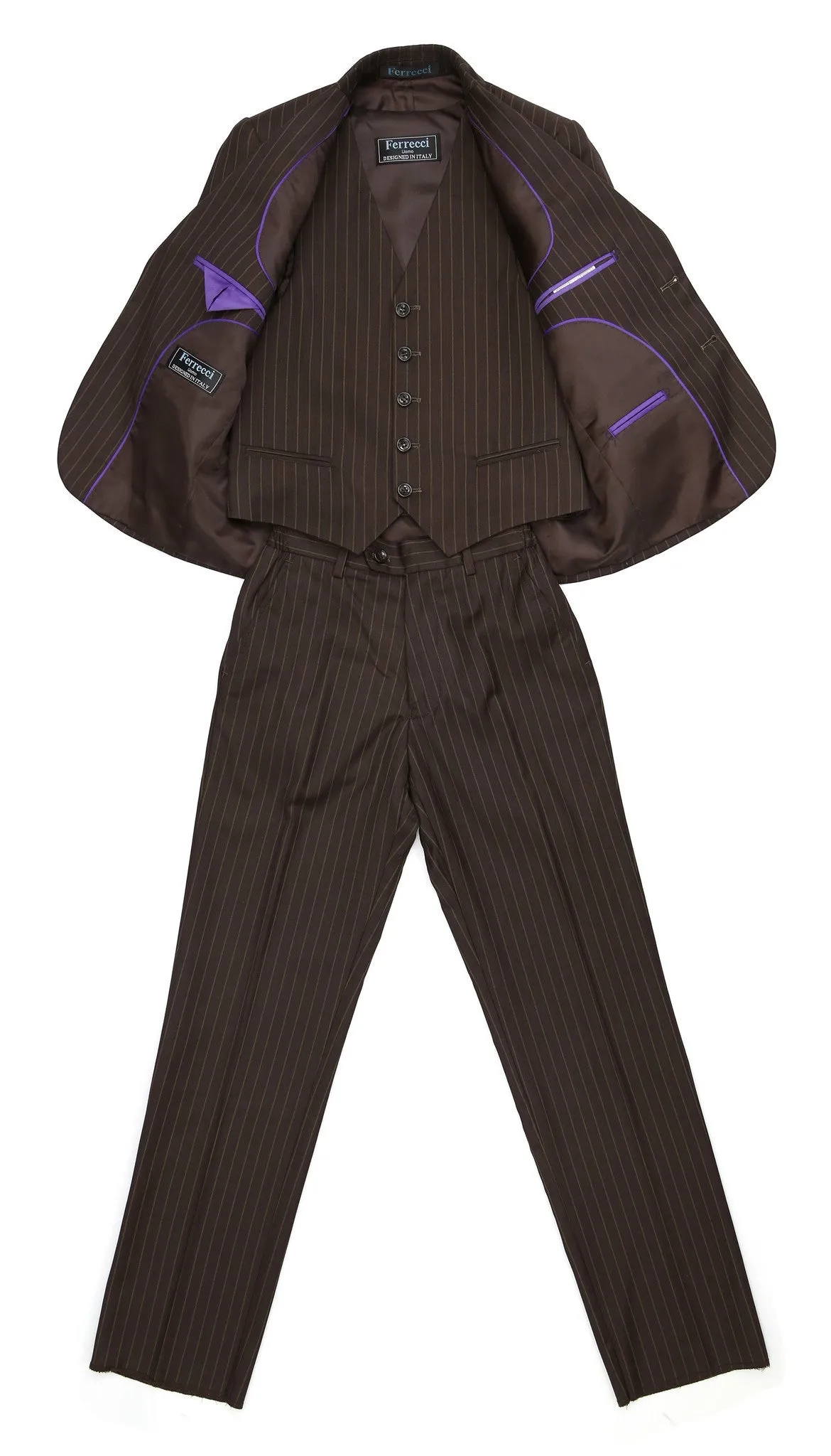Boys Premium FSK32 Brown Pinstripe 3pc Suit