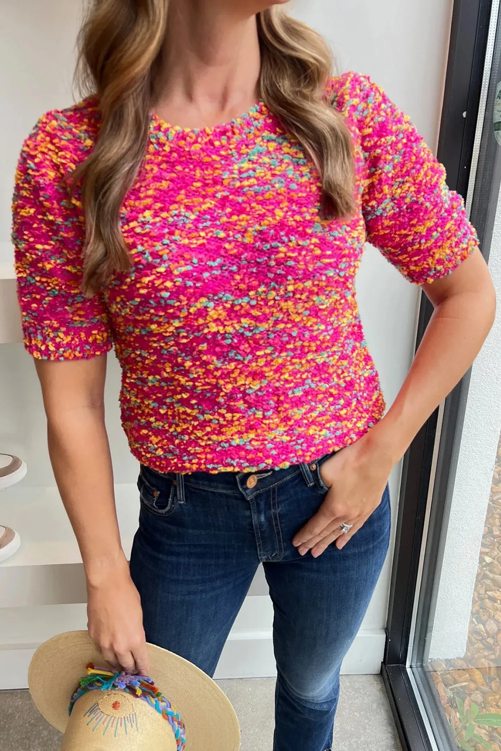 Bright Pink Printed Short Sleeve Knitted T-Shirt