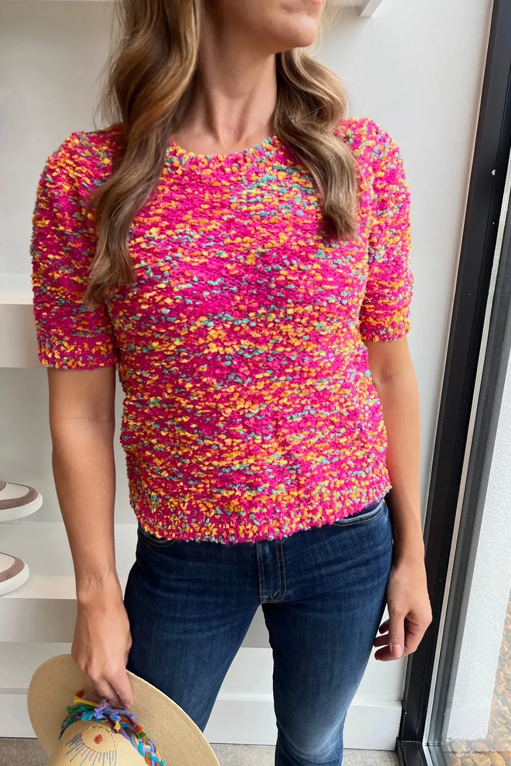 Bright Pink Printed Short Sleeve Knitted T-Shirt
