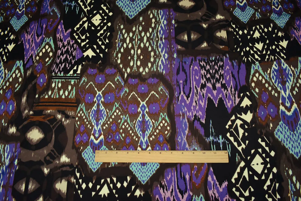 Brown-Purple-Multi Ikat Tribal Printed Stretch Silk Jersey Knit Fabric