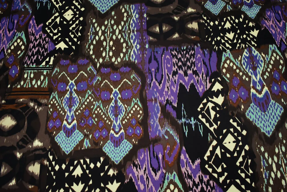Brown-Purple-Multi Ikat Tribal Printed Stretch Silk Jersey Knit Fabric