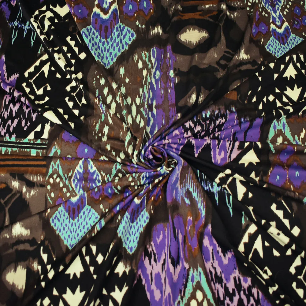 Brown-Purple-Multi Ikat Tribal Printed Stretch Silk Jersey Knit Fabric