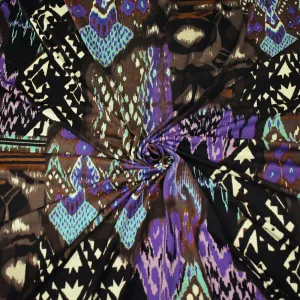 Brown-Purple-Multi Ikat Tribal Printed Stretch Silk Jersey Knit Fabric