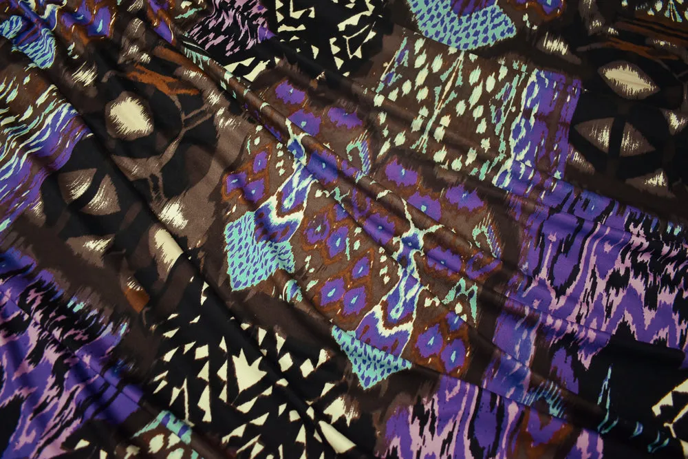 Brown-Purple-Multi Ikat Tribal Printed Stretch Silk Jersey Knit Fabric
