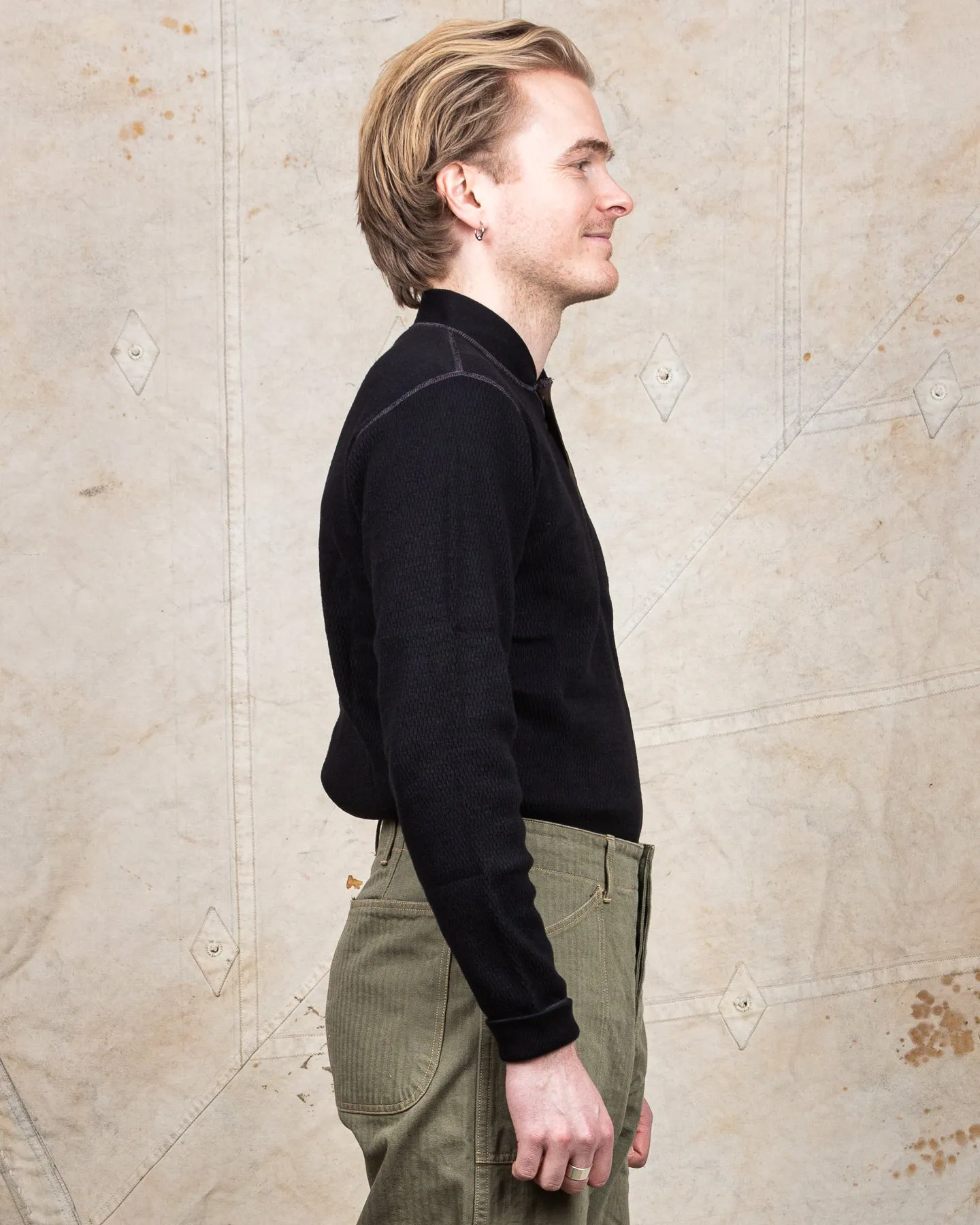 Buzz Rickson Long Sleeve Thermal Henley Shirt Black